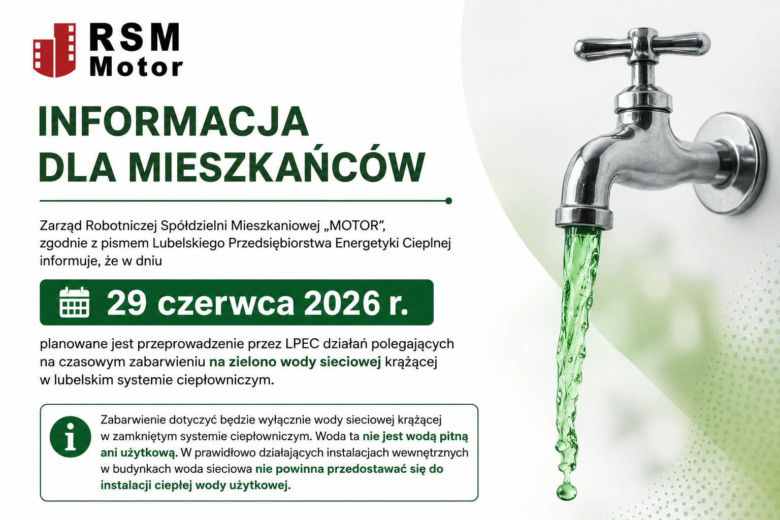 Komunikat dotyczący czasowego zabarwienia wody sieciowej na zielono